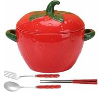 Genérico Lindo Tazón Ramen Cerámica con Forma Fresa con Tapa Asas Tazones Ramen Decorativos con Palillos Cuchara Horno Microondas Congelador Lavavajillas Apto para Hogar Oficina Dormitorio