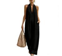 Genérico Linen Jumpsuits for Women V-Neck Halter Backless Wide Leg Pant Rompers Loose Sleeveless Summer One Piece Outfits (Black,XXL)