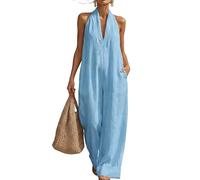Genérico Linen Jumpsuits for Women V-Neck Halter Backless Wide Leg Pant Rompers Loose Sleeveless Summer One Piece Outfits (Blue,S)