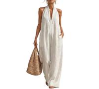 Genérico Linen Jumpsuits for Women V-Neck Halter Backless Wide Leg Pant Rompers Loose Sleeveless Summer One Piece Outfits (White,XL)