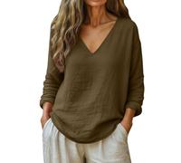 Genérico Linen Shirts for Women Spring Trendy V Neck Loose Dressy Cotton Linen Tops Summer Beach Boho Casual Blouses (Coffee,3XL)