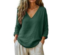 Genérico Linen Shirts for Women Spring Trendy V Neck Loose Dressy Cotton Linen Tops Summer Beach Boho Casual Blouses (Dark Green,XL)