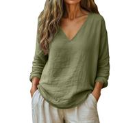 Genérico Linen Shirts for Women Spring Trendy V Neck Loose Dressy Cotton Linen Tops Summer Beach Boho Casual Blouses (Army Green,L)