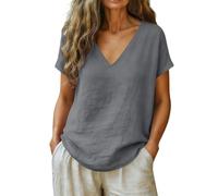 Genérico Linen Shirts for Women Summer Casual V Neck Short Sleeve Linen Tops Spring Tunic Blouses Loose Fit Boho Cotton Trendy Clothes (Gray,XL)