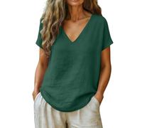 Genérico Linen Shirts for Women Summer Casual V Neck Short Sleeve Linen Tops Spring Tunic Blouses Loose Fit Boho Cotton Trendy Clothes (Dark Green,XXL)