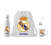 Genérico Lote Escudo de futbol Real Madrid - Personalizado con nombre - Regalo Real Madrid para fans - Regalo original - Regalo para hombre mujer o niño (Botella + mochila + taza + llavero)