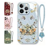 Genérico Lotus Pattern Lanyard Hard Case, All-Inclusive Lens Design Phone Cover, Full-Coverage Drop Protection Phone Case for iPhone 17/16/15/14 Pro MAX (Blue, for iPhone17 Air)