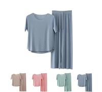 Genérico Lounge Sets for Women 2 Piece Summer Short Sleeve Ice Silk Soft Pajama 2025 Plus Size Casual Wide Leg Comfy Sleepwear (Blue,XL)