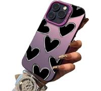 Genérico Lovely Black Heart Print Phone Case, Black Heart Phone Case for iPhone 17/16/15/14 Pro MAX, Cute Cool Pink Hearts Design (12pro,Black Heart-Purple)