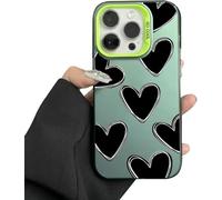 Genérico Lovely Black Heart Print Phone Case, Black Heart Phone Case for iPhone 17/16/15/14 Pro MAX, Cute Cool Pink Hearts Design (12pro,Black Heart-Green)