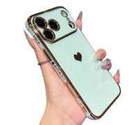 Genérico Luxury Gold Plating Cute Love Heart Case, Cute Love Heart Luxury Plating Soft Bling, Silicone Shockproof Phone Case for iPhone 17 Pro MAX (Green,for 14pro)