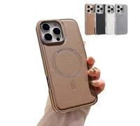 Genérico Magnetic Charging Leather Case for iPhone, Luxurious Business Genuine Leather Phone Case, Support Wireless Charging Magnetic Cover for iPhone 16/15/14/13 Promax (for iPhone 16Pro,Gold)