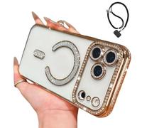 Genérico Magnetic Glitter Case for iPhone 17 Pro MAX,Clear Bling Rhinestone Sparkly Phone Case with MagSafe Camera Lens Protector, Shockproof TPU Bumper Cover for Women Girls (For iPhone 17 Air,Gold)