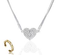 Genérico Magnetic Love Patchwork Necklace, Double-Sided Wearing Diamond-Set Love Pendant, Creative Magnet Couples Necklace, Elegant Three-Layer Heart Chain for Women (Silver)