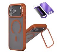 Genérico Magnetic Translucent Phone Case for 17/17Pro/17 ProMax/17Air with Hidden Lens Stand, Free Matching Anti-Peep Tempered Film Set (17 Pro,Orange)