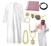 Genérico Male Arabian Costume Set - Traditional Thobe Robe Style, Three Piece Halloween Cosplay Kit, Breathable Lightweight Fabric, Authentic Shemagh Head Wrap, Desert Theme Party Apparel | For Men