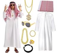 Genérico Male Arabian Costume Set - Traditional Thobe Robe Style, Three Piece Halloween Cosplay Kit, Breathable Lightweight Fabric, Authentic Shemagh Head Wrap, Desert Theme Party Apparel | For Men