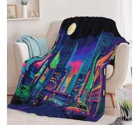 Genérico Manta con Estampado Futuro Nostalgia Neón Ciudad, Manta Morado de Franela para Sofá Cama Extra Cálido Sobrecama 130 x 150 cm - Caliente Transpirable para Otoño e Invierno