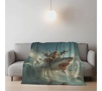 Genérico Manta de Franela Manta de Cama de Doble Cara y Extra Gruesa Frazada de Sofá Ligera y Suave al Tacto Invierno Mullida y Térmica 150 x 200 cm Azul Curioso Animales Tiburón Gato