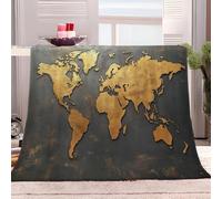 Genérico Manta de Franela Mapa Mundial Dorado con Patrón Gris Oscuro 100x130 cm Manta Polar Microfibra Cálida y Suave, Cubrecama, Manta Impresión 3D, Mantas para Sofá, Cama, Camping y Viajes
