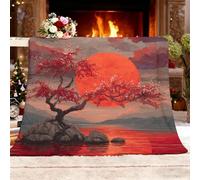 Genérico Manta Refrescante XL 150x200 cm Arte Luna Roja áRboles En Flor MontañAs Manta Verano, Transpirable Suave Anti Estático Rojo Mantas para Cama Alivia Sudor y Ayuda Sueño para Cama Sofá
