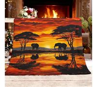 Genérico Manta Sofá XL 150x200cm áFrica Pradera Atardecer Elefante Silueta Franela Mantas Térmica Rojo Anaranjado Manta Cama Multifuncional Esponjosa para Dormitorio Sofá Viajes Camping Blanket