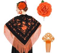 Genérico Manton de Manila Mujer Flamenca, Manton Bordado+Rosa Flamenca para el Pelo+Peineta +Accesorios Feria de Abril (Naranja y Negro, Adulto)