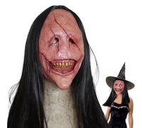 Genérico Máscara Demoníaca de Terror | Tocado Fantasma Escalofriante | Disfraz Festivo Respir con Cabello Largo y Dientes para Halloween Películas de Terror Casas Encantadas Teatro