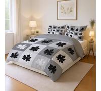 Genérico Material Duradero Gris Negro Parure de Lit Minimalista Hoja de Arce Patrón de Cuadros Lavable a Máquina Microfibra para Niños y Adultos Duvet Cover 135 x 200 cm