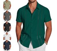 Genérico Men's Cuba Guayabera Exquisite Hollow Embroidered Button Front Shirt, Summer Short Sleeve Casual Beach Camp Shirts (Green,L)