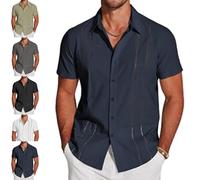 Genérico Men's Cuba Guayabera Exquisite Hollow Embroidered Button Front Shirt, Summer Short Sleeve Casual Beach Camp Shirts (Navy Blue,XL)