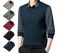 Genérico Men's Faux Two Piece Striped Lapel Long-Sleeve Top, Business Casual Polo Top Knitted Sweater (Dark Blue,XL)
