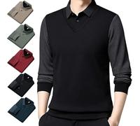 Genérico Men's Faux Two Piece Striped Lapel Long-Sleeve Top, Business Casual Polo Top Knitted Sweater (Black,L)