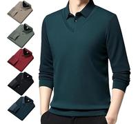 Genérico Men's Faux Two Piece Striped Lapel Long-Sleeve Top, Business Casual Polo Top Knitted Sweater (Dark Green,XXL)
