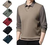 Genérico Men's Faux Two Piece Striped Lapel Long-Sleeve Top, Business Casual Polo Top Knitted Sweater (Khaki,L)