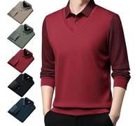 Genérico Men's Faux Two Piece Striped Lapel Long-Sleeve Top, Business Casual Polo Top Knitted Sweater (Red,M)