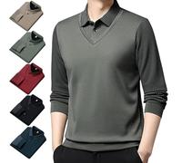 Genérico Men's Faux Two Piece Striped Lapel Long-Sleeve Top, Business Casual Polo Top Knitted Sweater (Green,M)