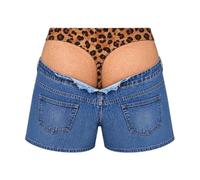 Genérico Men's Novelty Fake Denim & Leopard Print Swim Trunks | Fake Briefs Illusion Beach Shorts,Leopard Print Thong Design,Lightweight Fabric Shorts,For Beach Party,Bachelor Gag Gifts