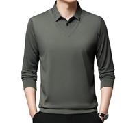 Genérico Men's Striped Lapel Fake Two-Piece Shirt - Long Sleeve Business Casual Knitted Polo Tops, Faux Two Piece Sweater Autumn Tops (Green,m)