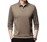Genérico Men's Striped Lapel Fake Two-Piece Shirt - Long Sleeve Business Casual Knitted Polo Tops, Faux Two Piece Sweater Autumn Tops (Khaki,xx_l)