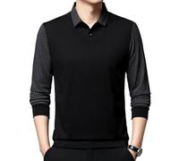 Genérico Men's Striped Lapel Fake Two-Piece Shirt - Long Sleeve Business Casual Knitted Polo Tops, Faux Two Piece Sweater Autumn Tops (Black,3x_l)
