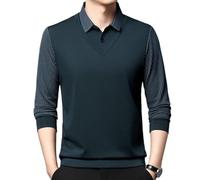 Genérico Men's Striped Lapel Fake Two-Piece Shirt - Long Sleeve Business Casual Knitted Polo Tops, Faux Two Piece Sweater Autumn Tops (Blue,xx_l)