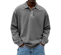 Generico Mens Vintage Polo Shirts Long Sleeve Lapel Golf Tops Button Shirt Cotton Washed Distressed Tops Sweatshirt Pullover (Gray,M)