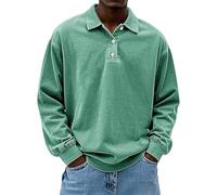 Generico Mens Vintage Polo Shirts Long Sleeve Lapel Golf Tops Button Shirt Cotton Washed Distressed Tops Sweatshirt Pullover (Light Green,M)