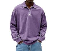 Generico Mens Vintage Polo Shirts Long Sleeve Lapel Golf Tops Button Shirt Cotton Washed Distressed Tops Sweatshirt Pullover (Purple,XXL)