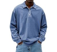 Generico Mens Vintage Polo Shirts Long Sleeve Lapel Golf Tops Button Shirt Cotton Washed Distressed Tops Sweatshirt Pullover (Blue,5XL)