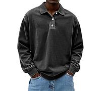 Generico Mens Vintage Polo Shirts Long Sleeve Lapel Golf Tops Button Shirt Cotton Washed Distressed Tops Sweatshirt Pullover (Black,M)