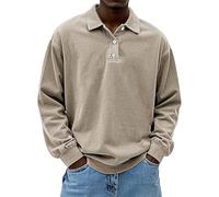 Generico Mens Vintage Polo Shirts Long Sleeve Lapel Golf Tops Button Shirt Cotton Washed Distressed Tops Sweatshirt Pullover (Khaki,5XL)