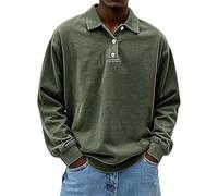 Generico Mens Vintage Polo Shirts Long Sleeve Lapel Golf Tops Button Shirt Cotton Washed Distressed Tops Sweatshirt Pullover (Olive Green,XL)