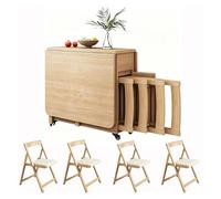 Genérico Mesa Plegable con Sillas Dentro Multifuncional | Mesa De Alas Abatibles Extensible Móvil Con Ruedas,escritorio Con Cajones Para Salón De Casa(Natural)